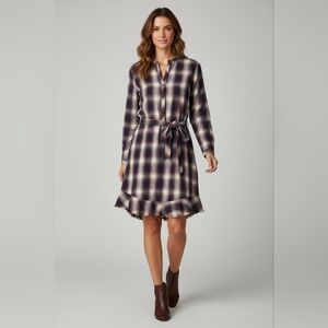 Bella Dahl Crosby Plaid Shirt Dress Navy Red Womens M Raw Ruffle Hem Belted
